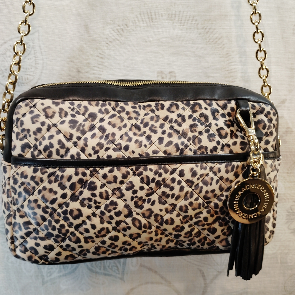 Isaac Mizrahi Leopard Print Crossbody Bag with Black and Gold Chain - Picture 3 of 9